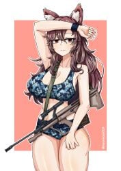 1girls animal_ears assault_rifle bangs bikini blue_bikini border breasts brown_hair bullpup camouflage camouflage_bikini cleavage closed_eyes closed_mouth gun kagerou_imaizumi looking_at_viewer navel noonnoon531 pink_background red_eyes rifle solo steyr_aug swimsuit tagme tail touhou weapon white_border wolf_ears wolf_girl wolf_tail