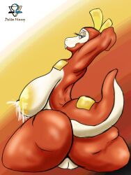 absurd_res anthro areola big_areola big_breasts black_eyes bodily_fluids breasts deltavinny fangs female fuecoco genitals hands_behind_head hi_res lactating looking_at_viewer milk multicolored_body nintendo non-mammal_breasts pokémon_(species) pokémorph pokemon pokemon_sv pussy red_body simple_background smile solo thick_thighs video_games