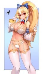 1girls 2022 blonde_hair blue_bow blush border bow bra breasts closed_mouth dark_elf detached_collar detached_sleeves elf feet_out_of_frame female female_focus female_only garter_belt garter_straps gloves gold_trim hairbow hand_up high_ponytail highres hololive hololive_fantasy hololive_japan large_breasts legwear lingerie long_hair looking_to_the_side neck_ribbon notte_(artist) panties pointy_ears red_eyes red_ribbon ribbon shiranui_flare slim_waist smile solo solo_female standing tan underwear virtual_youtuber white_border white_bra white_garter_belt white_garter_straps white_gloves white_legwear white_panties