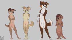 absurd_res animal_genitalia anthro avery_(furvie) canid canine canis domestic_dog female flat_chested fur furvie furvie_(furvie) genitals group hands_behind_back heterochromia hi_res laura_(furvie) lutrine male mammal multicolored_body multicolored_fur mustelid nude paws penis penis_tip pussy sheath sierra_(furvie) smile standing two_tone_body two_tone_fur