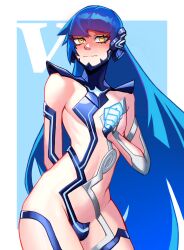 1boy androgynous blue_hair blush bodysuit bulge embarrassed femboy gold_eyes megami_tensei nahobino_(smt) protagonist_(shin_megami_tensei_v) qt0ri shin_megami_tensei shin_megami_tensei_v simple_background very_long_hair