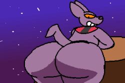 animated anthro anus ass big_butt binkysplayhouse champa clapping domestic_cat dragon_ball dragon_ball_super felid feline felis grin looking_back low_res male mammal purple_body sky smile solo solo_male star starry_sky