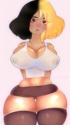 areolae_visible_through_clothing ass_visible_through_thighs bangs big_breasts black_hair black_thigh_highs bleached_blonde_hair blonde_hair brown_eyes curvaceous curvy_figure flat_belly front_view glowing innocent large_breasts massive_breasts medium_hair nipples_visible_through_clothing pink_background see-through shorts small_waist standing tank_top thick_hips thick_legs thick_thighs thigh_highs thunder_thighs tiny_waist voluptuous wide_hips yogurtbladez