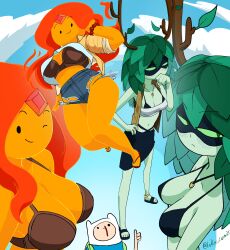 adventure_time bra bracelet breasts brown_bra cleavage finn_the_human fire_humanoid flame_princess gem huntress_wizard inkershike jean_shorts jeans ripped_clothes ripped_clothing ripped_jeans ripped_pants sandals shorts size_difference smiling