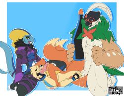 1girls 2boys anthro anthro_on_anthro anthrofied avian balls beak blue_body blue_eyes bodily_fluids breasts clothed clothing cum cum_in_pussy cum_inside decidueye dyna_(tattoorexy) edit fellatio female female_penetrated floatzel fluffy fluffy_tail fur furry genital_fluids genitals girly gloves group group_sex handwear hi_res inteleon interspecies looking_pleasured male male/female male_penetrating male_penetrating_female muscular muscular_male nintendo nipples open_mouth open_smile oral orange_body orange_fur orgasm orgasm_face partially_clothed penetration penile penis pokémon_(species) pokemon pokemon_(species) precum pussy saliva scalie sex smile spitroast tail tattoorexy threesome tongue trio vaginal_penetration video_games wings yellow_eyes