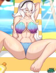 1girls ;p alternate_costume alternate_hair_color bikini breasts cleavage corrin_(fire_emblem) corrin_(fire_emblem)_(female) corrin_(summer)_(fire_emblem)_(female) female female_only fire_emblem fire_emblem_cipher fire_emblem_fates inviting large_breasts long_hair lotion nahusmash nintendo official_alternate_costume one_eye_closed partially_visible_vulva presenting shell_bikini solo spread_legs sunscreen swimsuit tongue tongue_out underboob white_hair wink