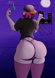 ass backwards_hat black_jacket female female_only friday_night_funkin hotline_024 huge_ass jacket_only night nikku_(fnf_mod) nikku_(friday_night_funkin) nikku_morioka no_pants ok_sign pink_hair simple_eyes soos_time thick_thighs thong white_skin