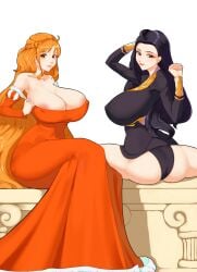 2girls 47_hard ass big_breasts black_hair breasts dress eyebrows female female_only fully_clothed huge_breasts lemonade_omega long_hair looking_at_viewer nami nico_robin nipple_bulge one_piece orange_hair post-timeskip sideboob spread_legs