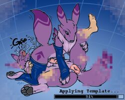 ambiguous_fluids anal anus assimilation bandai_namco clothing digimon digimon_(species) digital_creature duo facesitting gloves handwear human leggings legwear male male/null mammal oral paws puffy_anus renamon rimming sex spread_legs spreading transformation zaigane