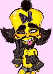 black_hair crash_(series) doctor_neo_cortex male male_only neo_cortex nervous peace_sign penis solo tongue_out yellow_body