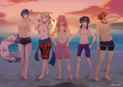 5girls abs alternate_costume alternate_hairstyle arm_behind_back armpits atramada1 bangs beach bikini bikini_bottom bikini_bottom_only blue_bikini blue_eyes blue_hair blue_swimsuit blush breasts casual closed_eyes clothing commission contrapposto earrings eating embarrassed english_commentary female female_only fire_emblem fire_emblem:_genealogy_of_the_holy_war fire_emblem:_radiant_dawn fire_emblem:_three_houses fire_emblem_awakening fire_emblem_cipher fire_emblem_fates food grey_hair groin hair_between_eyes hand_in_own_hair hand_on_hip hands_on_hips heavy_blush highres human ice_cream ice_cream_on_breasts innertube larcei_(fire_emblem) leonie_pinelli long_hair looking_at_viewer lucina_(fire_emblem) lucina_(summer)_(fire_emblem) male_swimwear_challenge medium_breasts medium_hair mens_swimsuit_challenge micaiah_(fire_emblem) mitama_(fire_emblem) multiple_girls navel nervous nervous_smile nipples ocean official_alternate_costume one-piece_swimsuit open_mouth orange_hair outdoors pale_skin pink_hair pink_swimsuit ponytail popsicle purple_swimsuit red_swimsuit sand short_hair silver_hair small_breasts smile star-shaped_pupils sunset swimsuit swimwear symbol-shaped_pupils tiara tomboy toned toned_female topless water yellow_eyes