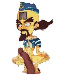 1boy barefoot beard big_penis crash_(series) dildo doctor_neo_cortex gay hat huge_cock human male male_only neo_cortex penis sailor_hat sailor_uniform simple_background solo squatting sweat toytheet video_games white_background yaoi