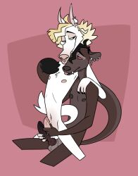 anthro balls bedroom_eyes blep blonde_hair boyfriends brown_body brown_fur brown_hair cadaverrdog canid canine canis chest_tuft domestic_dog duo ear_piercing ear_ring erection euplerid fangs fossa frottage fur genitals goth green_sclera hair half-closed_eyes herding_dog humanoid_genitalia humanoid_penis issac_(cadaverrdog) knot love male male/male mammal mutual_masturbation narrowed_eyes on_lap pastoral_dog penis piercing pink_background punk raziel_(fleetwoodbrak) red_sclera romantic romantic_couple seductive sex simple_background sitting_on_lap smile smirk smug smug_face smug_grin tongue tongue_out tongue_piercing tuft white_body white_fur