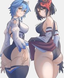 2girls akazuan_19 ass big_ass big_breasts big_butt black_gloves blue_eyes breasts elbow_gloves eula_(genshin_impact) eye_contact female female_focus female_only genshin_impact gloves hair_ornament hairband kujou_sara legwear leotard long_glove long_gloves looking_at_viewer short_hair sideboob standing thick_thighs thighs