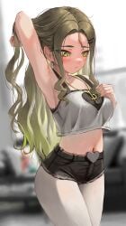 2022 armpit armpits arms_up belly belly_button blurred_background blurry_background blush breasts hairclip hi_res high_resolution highres hotpants iruka_blue_(torriet) light-skinned_female light_skin long_hair medium_breasts necklace original pale-skinned_female pale_skin short_shorts torriet