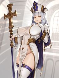 1girls backlighting bangs breasts bridal_gauntlets covered_nipples female holding houtengeki huge_breasts large_breasts long_hair long_sleeves looking_at_viewer mitre no_panties original pelvic_curtain priestess silver_hair solo standing thighhighs thighs white_dress white_headwear white_legwear