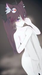 3d animal_ears cat_ears catgirl heterochromia indie_virtual_youtuber koikatsu nekomimi nude nude_female purple_eyes purple_hair red_eyes shower showering totless_(vtuber) towel towel_only tsuki_kimura virtual_youtuber vrchat vrchat_avatar vtuber white_skin