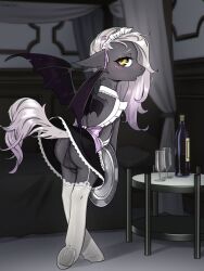 balls bat_pony bat_wings black_wings blush bottomwear clothed clothing clothing_lift container crossdressing cup detailed_background drinking_glass ears_back equid fan_character feral furniture genitals girly glass glass_container glass_cup hair hasbro hi_res hooves legwear long_hair looking_back lunarlacepony maid_uniform male mammal membrane_(anatomy) membranous_wings my_little_pony nocturnal_sword pivoted_ears signature skirt skirt_lift solo standing_on_hind_legs table thigh_highs uniform white_hair white_tail wine_bottle wine_glass wings yellow_eyes