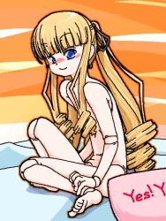 ball_joints blonde_hair blue_eyes blush doll drill_hair eyebrows_visible_through_hair female joints long_hair non-human nude rozen_maiden shinku small_breasts smile sonota_oozei very_long_hair