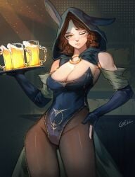 alcohol alternate_costume big_breasts brown_hair bunny_ears bunnysuit cleavage curly_hair elbow_gloves elden_ring female female_only fromsoftware gelldraws hand_on_hip hood looking_at_viewer medium_hair melina_(elden_ring) one_eye_closed pantyhose solo tray waitress wide_hips yellow_eyes