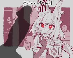 animal_ears arknights blush character_name ear_covers eyebrows_visible_through_hair female flametail_(arknights) gloves heart highres long_hair looking_at_penis mirin_chikuwa monochrome open_mouth penis_shadow pink_theme red_eyes solo_focus spoken_heart squirrel_ears sweat twitching_penis upper_body v-shaped_eyebrows wavy_mouth