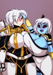 2girls adepta_sororitas alien_girl blue_skin female female_only gigantic_breasts imperium_of_man o'pai_(aquaterrius) original_character power_armor red_eyes sexualyeti sister_charity sister_of_battle tau warhammer_(franchise) warhammer_40k white_hair wholesome