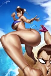 annoyed annoyed_expression bikini bikini_strings capcom chinese chun-li dan_hibiki feet fighting fingerless_gloves kick kicking legs reaching seignest street_fighter thighs thong toes underboob