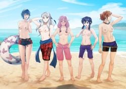 5girls abs alternate_costume alternate_hairstyle arm_behind_back armpits atramada1 bangs beach bikini bikini_bottom bikini_bottom_only blue_bikini blue_eyes blue_hair blue_swimsuit blush breasts casual closed_eyes clothing commission contrapposto earrings eating embarrassed english_commentary female female_only fire_emblem fire_emblem:_genealogy_of_the_holy_war fire_emblem:_radiant_dawn fire_emblem:_three_houses fire_emblem_awakening fire_emblem_cipher fire_emblem_fates food grey_hair groin hair_between_eyes hand_in_own_hair hand_on_hip hands_on_hips heavy_blush highres human ice_cream ice_cream_on_breasts innertube larcei_(fire_emblem) leonie_pinelli long_hair looking_at_viewer lucina_(fire_emblem) lucina_(summer)_(fire_emblem) male_swimwear_challenge medium_breasts medium_hair mens_swimsuit_challenge micaiah_(fire_emblem) mitama_(fire_emblem) multiple_girls navel nervous nervous_smile nipples ocean official_alternate_costume one-piece_swimsuit open_mouth orange_hair outdoors pale_skin pink_hair pink_swimsuit ponytail popsicle purple_swimsuit red_swimsuit sand short_hair silver_hair small_breasts smile star-shaped_pupils swimsuit swimwear symbol-shaped_pupils tiara tomboy toned toned_female topless water yellow_eyes