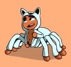 arachnid arthropod blue_onesie clothing dreamworks female fur hi_res jupiterorange ms._tarantula_(the_bad_guys) mygalomorph onesie orange_body orange_fur pajamas solo spider tarantula taur the_bad_guys tooth_gap undressing unzipping