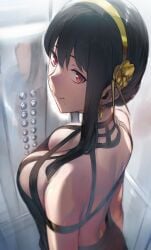 1girls after_fellatio assassin black_hair breasts busty cleavage clothing curvaceous curvy down_blouse dress elevator female hews_hack large_breasts loid_forger looking_at_viewer overhead_view pov pov_eye_contact pubic_hair pubic_hair_in_mouth red_eyes smile spy_x_family stray_pubic_hair thorn_princess yor_forger