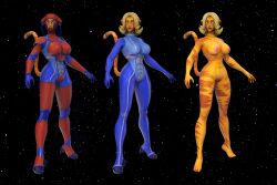 3d 3d_(artwork) ablonde_hair abs absurd_res alien animal_ears armor bob_cut bodysuit clixsposing_kitraandra feet feline hair kitraandra latex_suit long_legs model_sheet nipples orange_fur rubber_suit skinsuit solo space star stripes tail tiger tight_clothing varkeeg