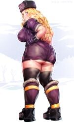 1girls ass ass_in_dress black_gloves black_legwear blonde_hair blue_eyes boots breasts coat eyebrows eyelashes from_behind fur_hat fur_trim gloves hand_on_hip hat huge_ass keigi_(artist) kolin large_breasts legwear lips long_hair looking_back mole mole_on_ass pantylines snow solo standing street_fighter street_fighter_v sweatdrop thick_thighs thighhighs thighs ushanka wavy_hair winter winter_clothes winter_coat zettai_ryouiki