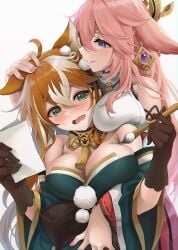 2022 2girls animal_ears big_breasts blush breast_squish breasts brown_hair brush cleavage cute dog_ears elocca female female/female female_only fox_ears genderswap_(mtf) genshin_impact gorou_(genshin_impact) green_eyes japanese_clothes kimono large_breasts looking_at_viewer ms_hina_(genshin_impact) pink_hair purple_eyes rule_63 sweat yae_miko yuri