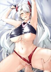 1boy after_paizuri armpits arms_up azur_lane breasts clothing_cutout cropped_shirt cum cum_on_body cum_on_breasts female gloves half_gloves headgear highres jacket large_breasts long_hair looking_at_viewer lying missionary multicolored_hair navel nipple_slip nipples official_alternate_costume on_back oza_osuwari panties penis prinz_eugen_(azur_lane) prinz_eugen_(final_lap)_(azur_lane) purple_jacket race_queen red_hair red_panties streaked_hair two-tone_hair underboob underboob_cutout underwear vaginal_penetration very_long_hair white_hair yellow_eyes