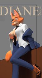 anthro anthro_only business_suit business_woman diane_foxington fox fox_girl fox_tail fur furry glasses heels high_heels large_breasts magazine magazine_cover office_lady open_clothes open_shirt orange_fur pants svvy_art tagme the_bad_guys tie