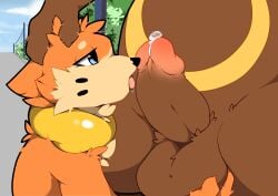 absurd_res anthro buizel duo fur genitals hi_res licking male male/male male_only nintendo penis pokémon_(species) pokemon saljidark tongue tongue_out ursaring video_games