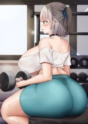 1girls absurd_res ass big_ass big_breasts big_butt blush breasts choker green_eyes high_resolution hololive hololive_fantasy hololive_japan huge_ass huge_breasts huge_butt kusana_(dudqja602) shirogane_noel shorts silver_hair sitting solo thick_thighs thighs tied_hair virtual_youtuber visible_breath