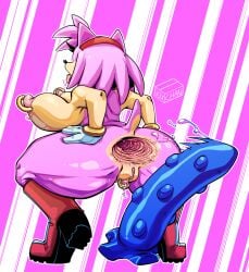 2022 abstract_background after_anal after_masturbation amy_rose anthro anus ass banana_breasts big_anus big_breasts big_clitoris blue_dildo boots box_chan breasts clitoris clitoris_piercing clothing crouching dildo dildo_popped_out eulipotyphlan female female_only footwear full-length_portrait gaping gaping_anus genital_piercing genitals gloves hair hand_on_butt handwear hedgehog hi_res huge_dildo mammal mostly_nude nipple_piercing nipple_ring nipples piercing pink_hair portrait pussy rear_view sega sex_toy solo solo_female sonic_(series) sonic_the_hedgehog_(series) tongue tongue_out tongue_piercing wide_hips