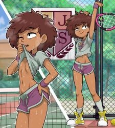 1girls 2020s 2022 amphibia anne_boonchuy athletic_female centinel303 clothing dark-skinned_female dark_skin disney disney_channel female female_only fence grady_sands human knee_socks kneehighs kneesocks medium_hair no_bra petite saint_james_school_uniform school_uniform schoolgirl shirt_lift shoes skinny small_breasts sneakers socks socks_and_shoes solo solo_female sweat sweaty teenage_girl teenager tennis tennis_net tennis_racket thai thai_female tomboy white_socks young