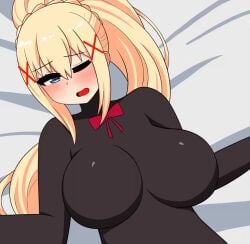 1girls 2d animated bangs bed_sheet black_bodysuit blonde_hair blue_eyes blush bodysuit bouncing_breasts braid breasts darkness_(konosuba) eyebrows_visible_through_hair female female_focus hair_between_eyes hair_ornament high_ponytail implied_sex kono_subarashii_sekai_ni_shukufuku_wo! large_breasts light_skin long_hair looking_at_viewer loop lying no_sound on_back one_eye_closed open_mouth short_playtime shorter_than_10_seconds shorter_than_30_seconds solo the_only_shoe upper_body video x_hair_ornament