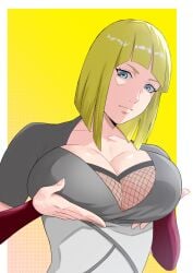 blonde_hair blue_eyes blunt_bangs bob_cut breast_hold busty cherrycola clothed clothed_female female female_only holding_breasts holding_own_breast inviting inviting_to_sex long_hair looking_at_viewer mature mature_female mature_woman naruto naruto_(series) naruto_shippuden no_bra offering offering_to_viewer paizuri_invitation presenting presenting_breasts samui shoulder_length_hair smile solo solo_focus upper_body voluptuous