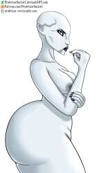 1girls asajj_ventress ass bald bald_female big_ass big_butt blue_eyes breasts dark_lipstick female female_focus female_only huge_ass medium_breasts nipples nude pale-skinned_female pale_skin professordoctorc side_view solo_female standing star_wars text thick thick_ass thick_thighs white_skin