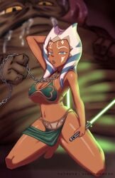 1girls ahsoka_tano alien alien_girl alternate_version_available big_breasts blue_eyes breasts collar eye_contact female hutt jabba_the_hutt long_hair looking_at_viewer nightmare_hdraw orange_skin star_wars the_clone_wars:_season_one thick_thighs thighs togruta white_hair