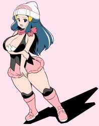 1girls alternate_breast_size blue_eyes blue_hair breasts cleavage dawn_(pokemon) female female_only hi_res kneehighs koutarosu large_breasts nintendo pokemon pokemon_dppt shadow skirt solo thighs upskirt