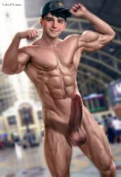 1boy bara big_hero_6 blurry_background cock disney erection male_only marvel muscular_arms muscular_legs muscular_male nude_male pectorals penis precum_drip proud solo_male tadashi_hamada testicles ydendraws