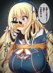 1girls arms_behind_back arms_tied_behind_back asphyxiation atago_(kantai_collection) bangs bdsm beret big_breasts blonde_hair blue_headwear bondage bound breasts covered_nipples eyebrows_visible_through_hair femsub gag gagged green_eyes hair_between_eyes hat helpless huge_breasts japanese_text kantai_collection long_hair military military_uniform mrtakenoko nose_pinch pokies restrained suffocation tape tape_bondage tape_gag taped_mouth tearing_up trembling uniform unseen_character upper_body