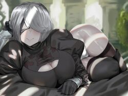 1girls 2022 android android_girl blindfold blush breasts cleavage clothed clothed_female female female_only hair_over_one_eye hi_res highleg_leotard hips huge_breasts leotard looking_at_viewer lying_on_side nier nier:_automata nier_(series) outdoors short_hair slim_waist smile smiling_at_viewer square_enix thick_thighs thigh_boots thighhighs thighs white_hair wide_hips yorha_2b yukidaruma