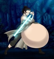 1girls belly big_belly big_breasts breasts brown_hair female huge_belly hyper_pregnancy large_breasts lightsaber pregnant rey saburox solo_female star_wars