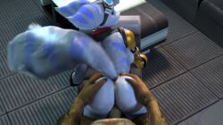 1boy 1girls 3d anthro ass female from_behind goggles goggles_on_head prosthetic_arm ratchet_and_clank rivet_(ratchet_and_clank) robotic_arm sex straight striped_fur stripes tagme tail twitchyanimation