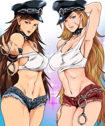 2girls absurdres alternate_hairstyle arm_behind_head arm_up armlet armpit_peek armpits bangs blonde_hair blue_eyes blue_shorts bracelet breasts brown_eyes brown_hair cabbie_hat cammy_white capcom choker chun-li collar come_hither commentary_request commission company_connection cosplay crop_top cuffs denim denim_shorts english_commentary female female_only final_fight handcuffs hat hayame_(m_ayame) highres human jewelry large_breasts licking licking_lips long_hair looking_at_viewer messy_hair midriff mixed-language_commentary multiple_girls navel open_fly peaked_cap poison_(final_fight) poison_(final_fight)_(cosplay) red_shorts roxy roxy_(cosplay) scar scar_on_cheek scar_on_face seductive_smile short_shorts shorts smile standing strap_slip street_fighter tank_top thick_thighs thighs toned tongue tongue_out very_long_hair